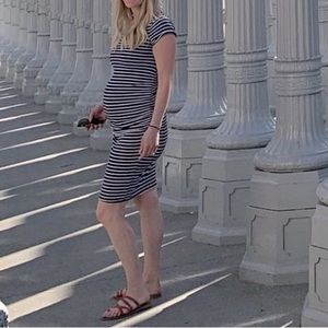 Striped maternity t-shirt dress with ruched sides